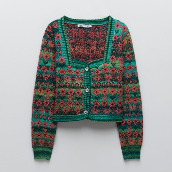 Zara Sweaters - NWT Zara Floral Jacquard Knit Cropped Long Sleeve Button Front Cardigan